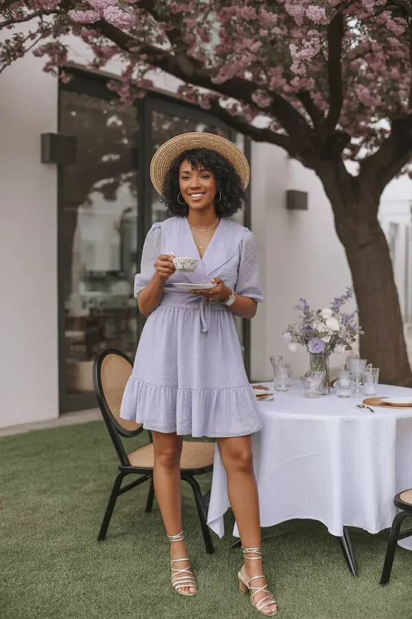 Lavender Swiss Dot Mini Dress with Straw Boater Hat for Spring
