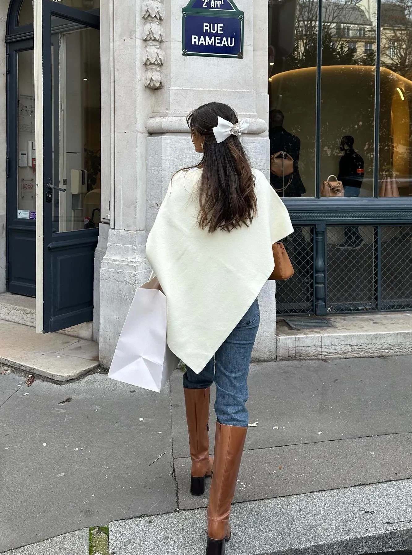 Cream Knit Wrap Outfit with Tan Knee-High Boots