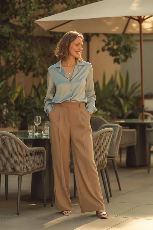 Sage Blue Silk Shirt Camel Wide-Leg Trousers Outfit