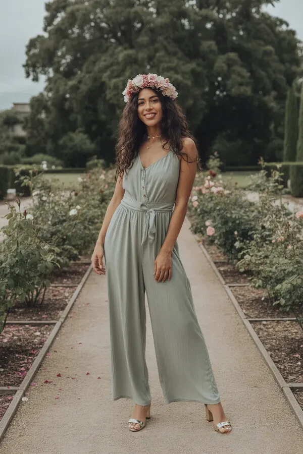Sage Green Linen Jumpsuit with Tie Waist and Floral Crown