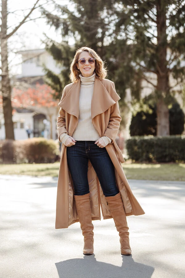 Camel Wrap Coat Outfit with Cream Turtleneck and Suede Boots