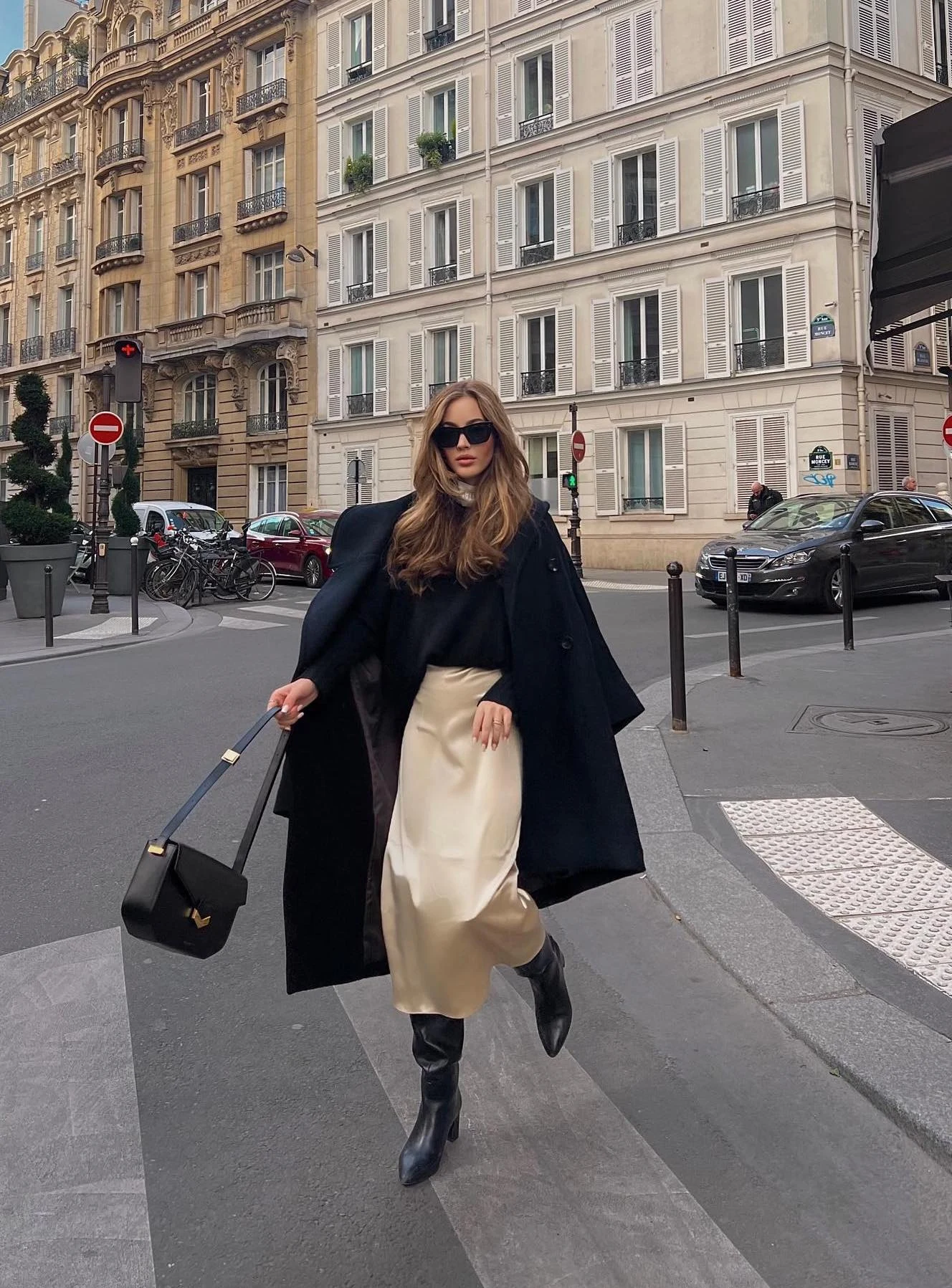 Black Coat Champagne Silk Skirt Parisian Outfit