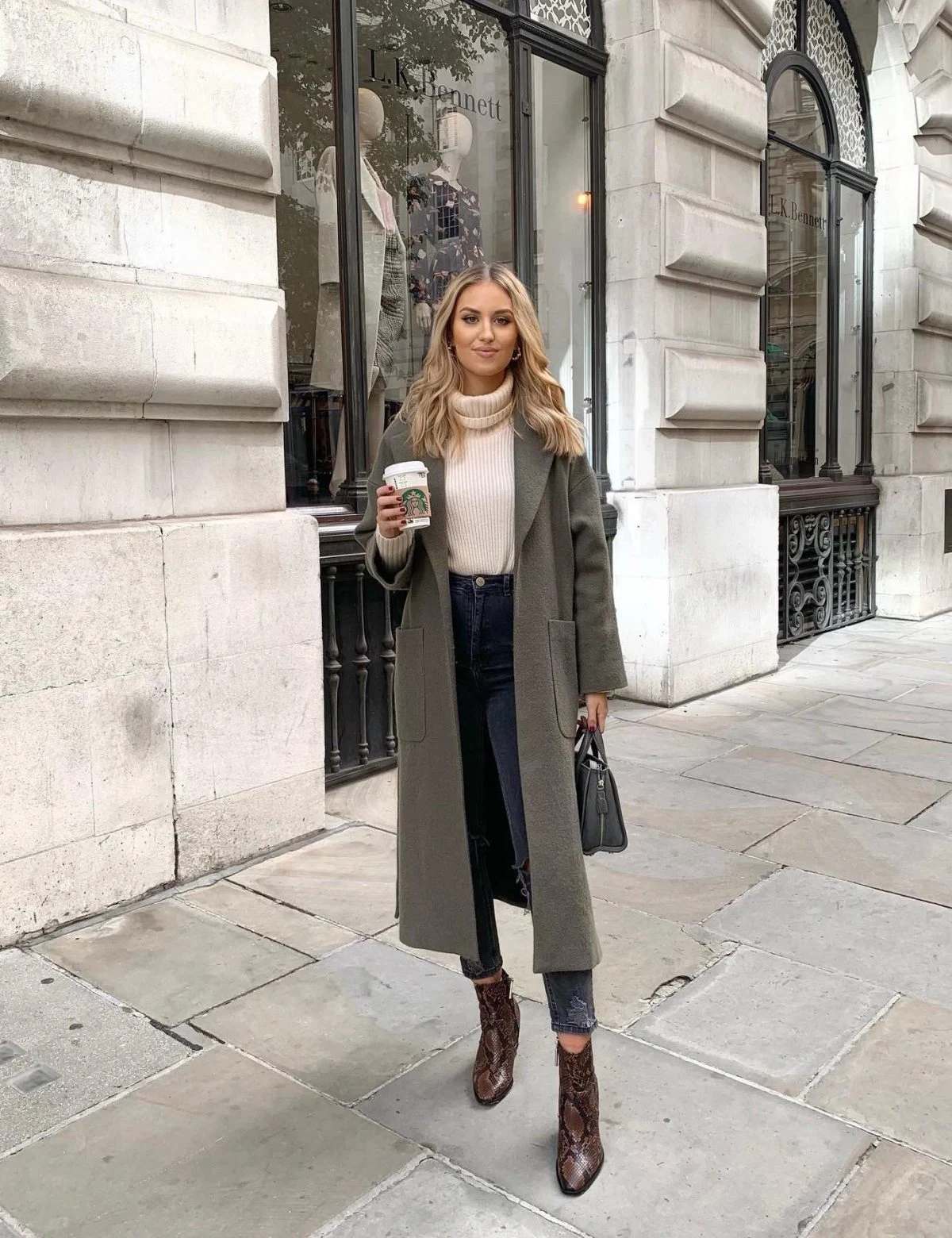 Olive Green Long Coat Outfit with Cream Turtleneck Sweater