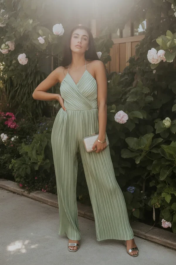 Sage Green Striped Halter Jumpsuit with Wide-Leg Pants