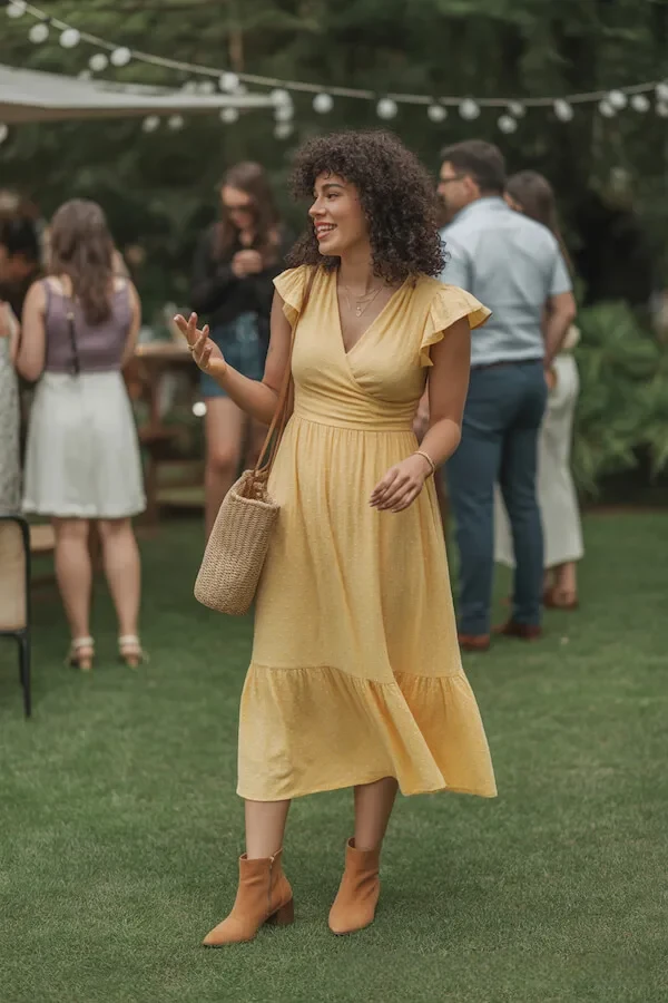 Yellow Flutter Sleeve Midi Dress with Woven Basket Bag