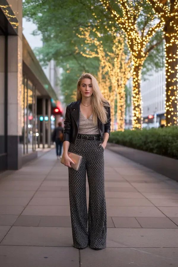 Black Leather Moto Jacket with Metallic Wide-Leg Trousers Evening Outfit
