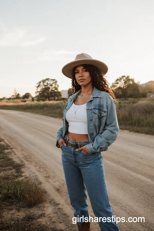 Double Denim Jacket Outfit with Western Belt and Boots