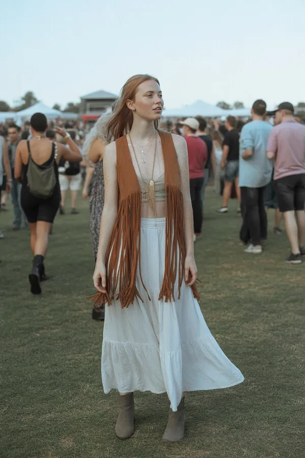 Tan Fringe Vest White Maxi Skirt Festival Outfit