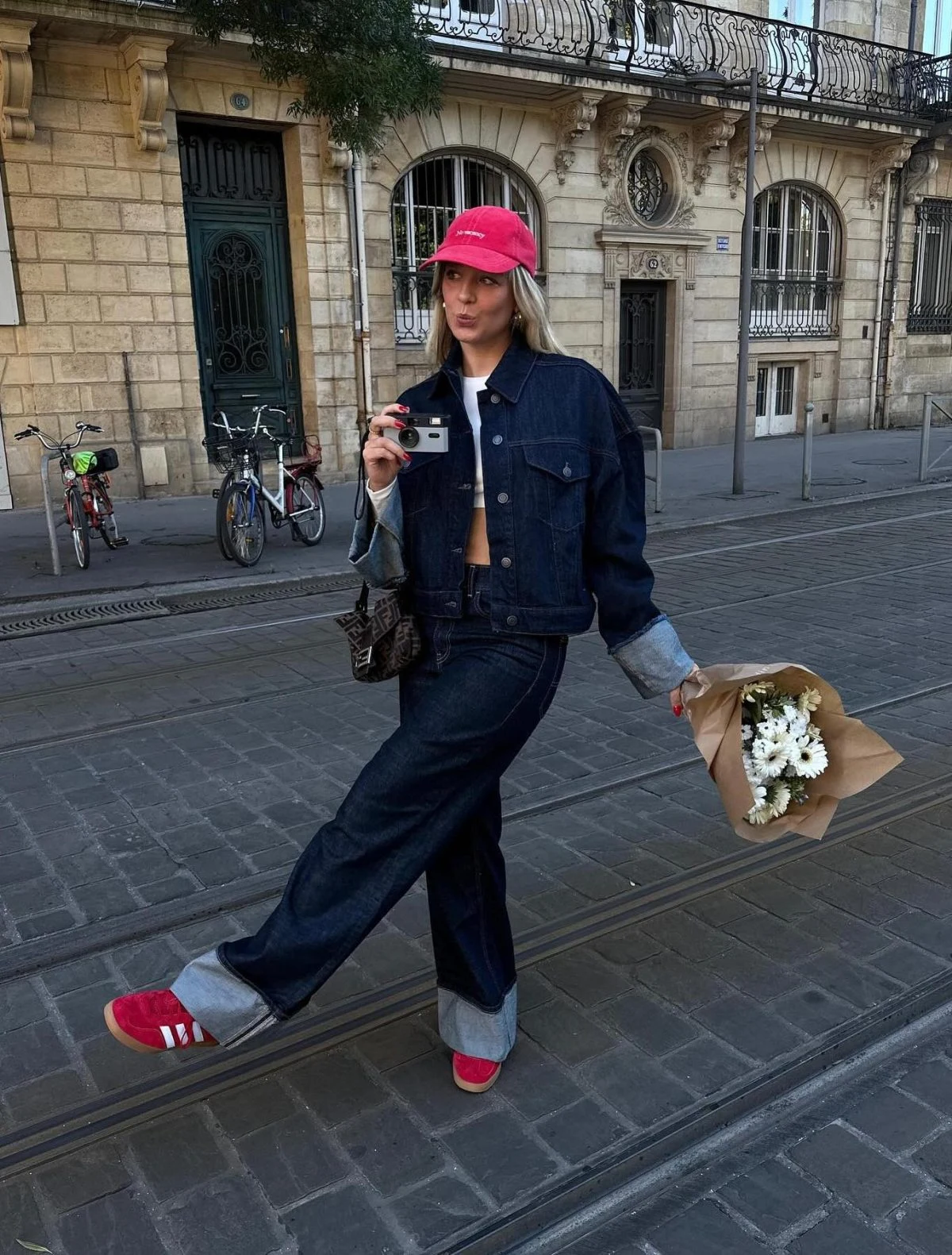 Denim on Denim Outfit with Pink Baseball Cap