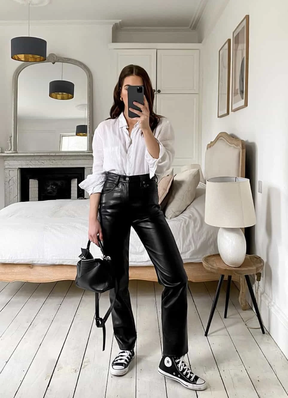 White Shirt Black Leather Trousers Converse Outfit