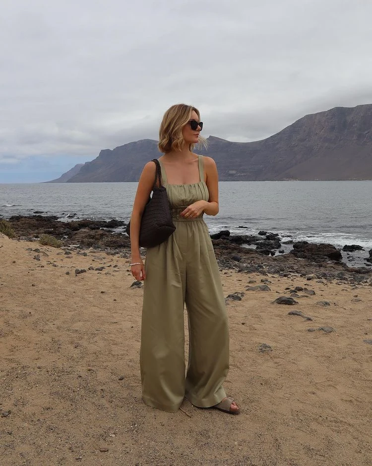 Olive Green Linen Jumpsuit Outfit for Coastal Vacation