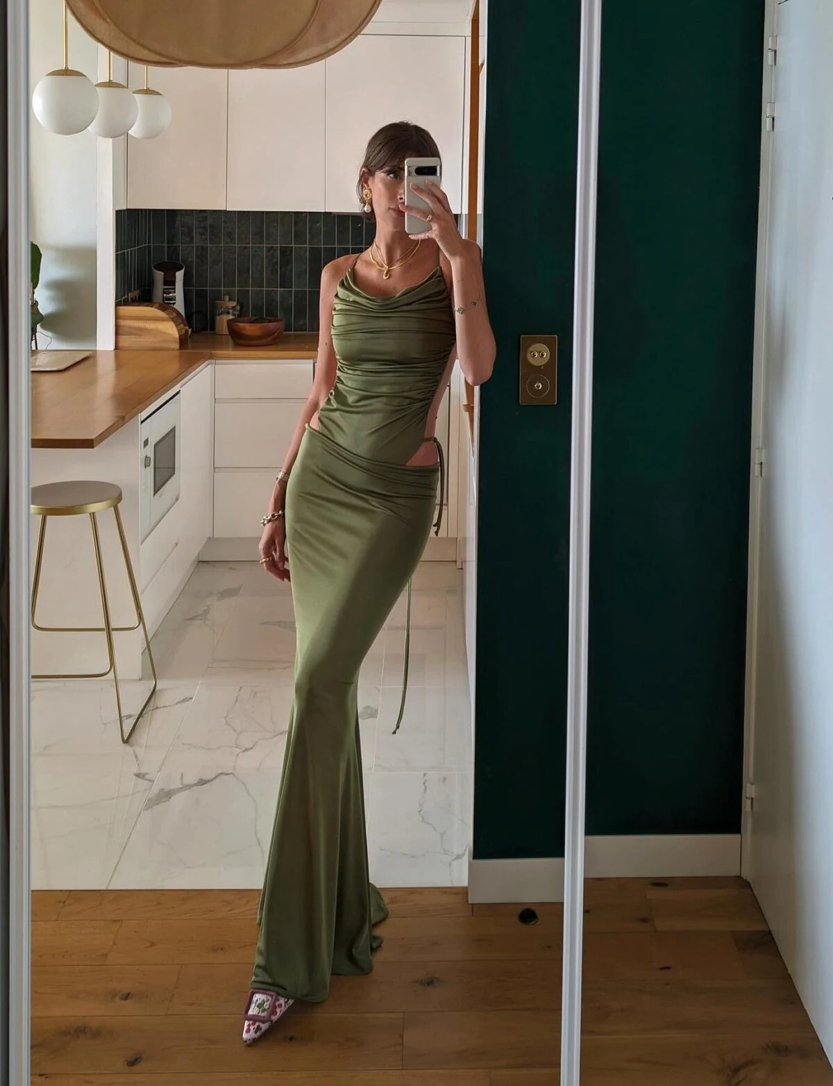Olive Green Ruched Maxi Dress Outfit