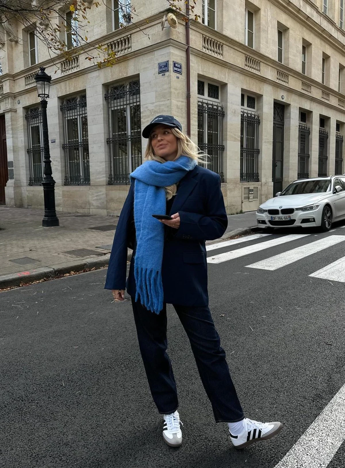 Navy Coat Blue Scarf Black Trousers Winter Outfit