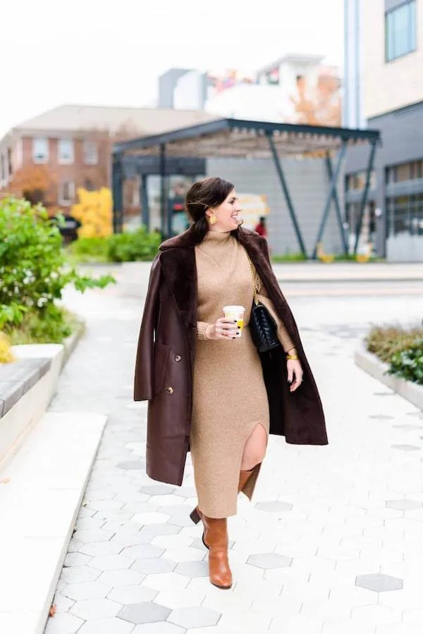 Chocolate Brown Coat Outfit with Camel Knit Midi Dress