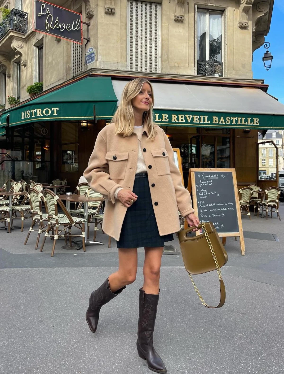 Camel Shirt Jacket Outfit with Navy Mini Skirt and Cowboy Boots