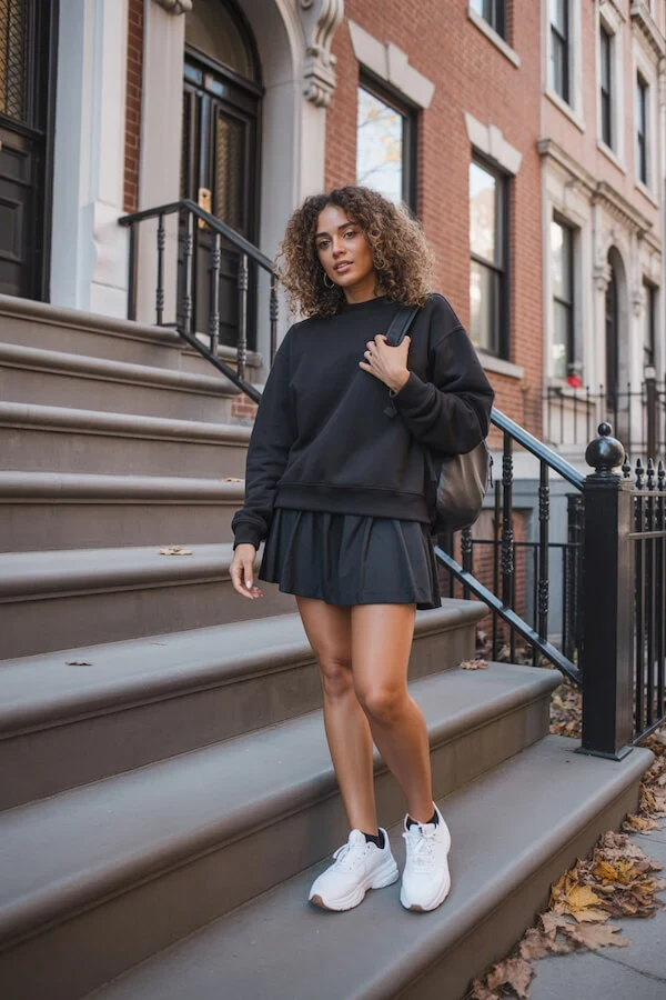 Black Sweatshirt Tennis Skirt Outfit with White Sneakers