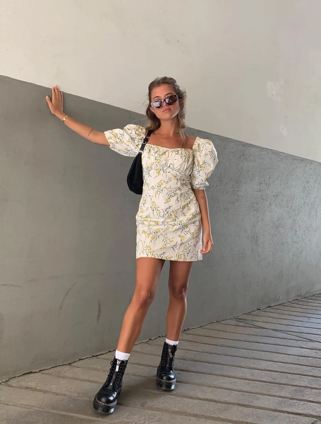 Yellow Floral Puff Sleeve Mini Dress with Black Boots