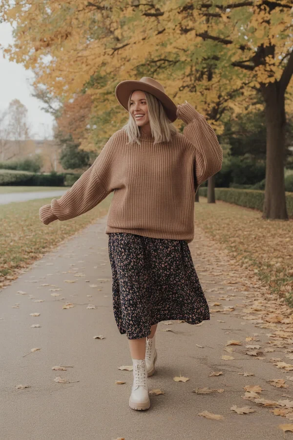 Camel Oversized Knit Sweater with Floral Midi Skirt and Tan Felt Hat