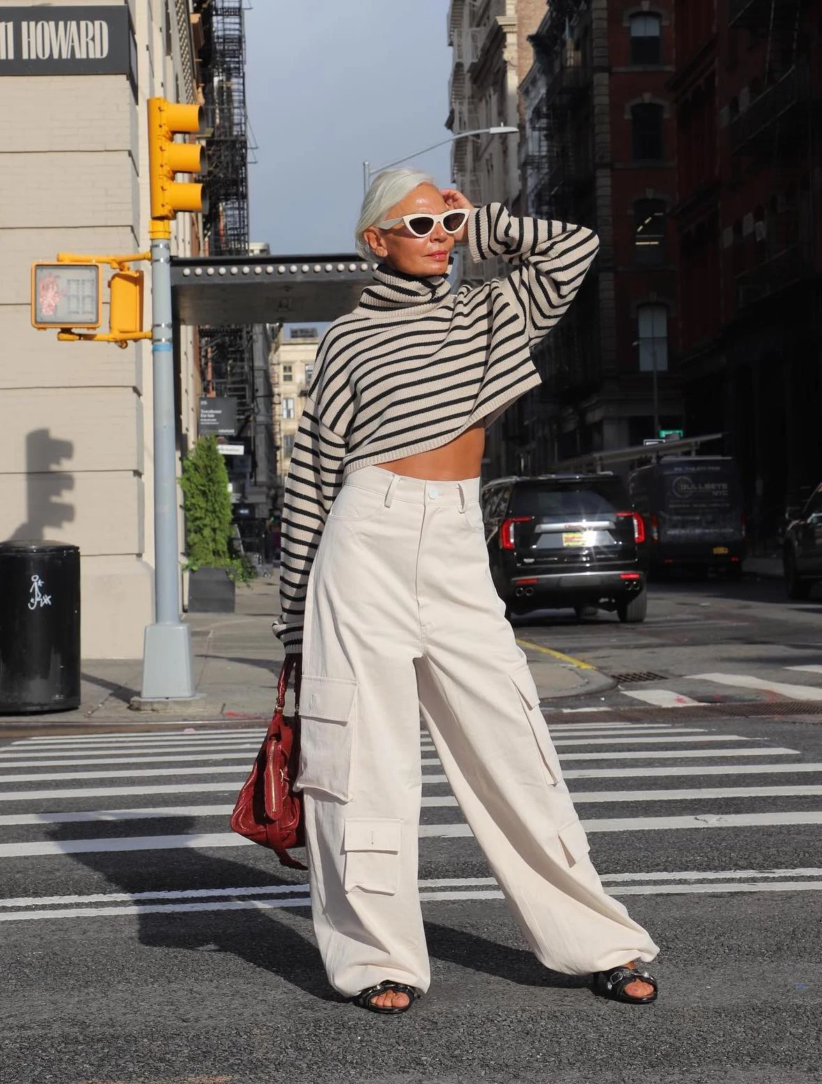 Striped Cropped Turtleneck Cream Cargo Trousers Outfit