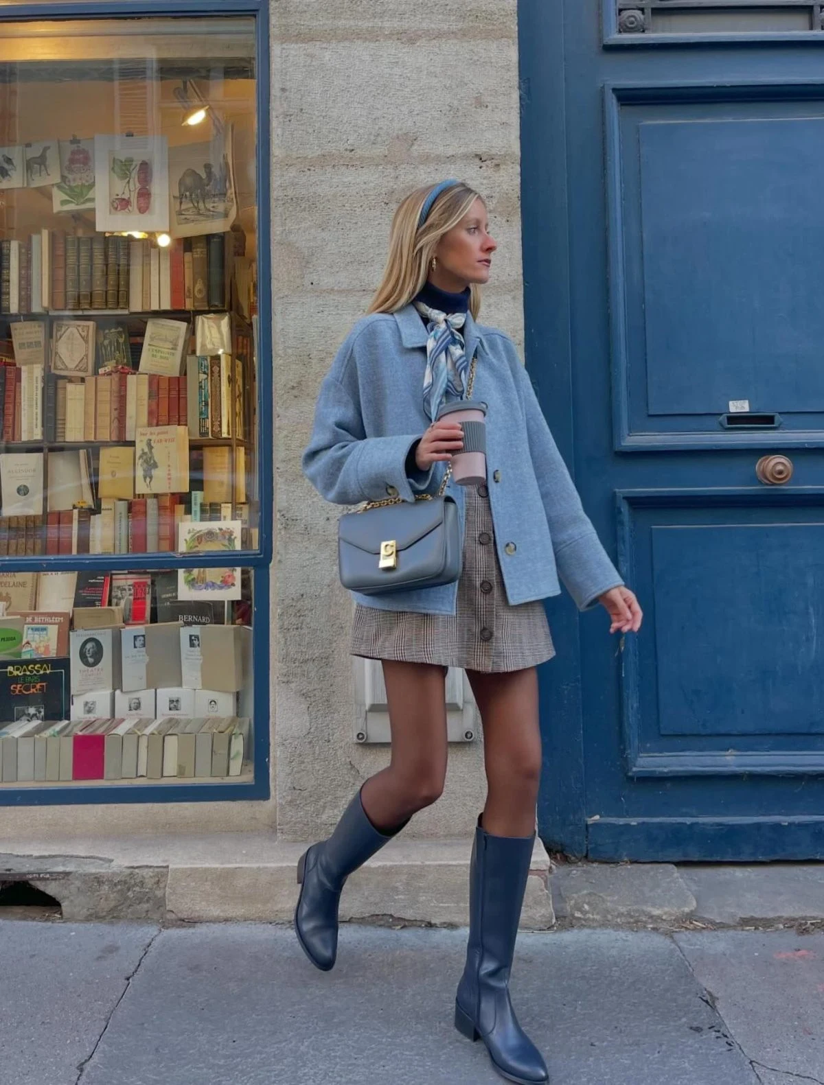 Blue Blazer Check Skirt Outfit with Knee-High Boots