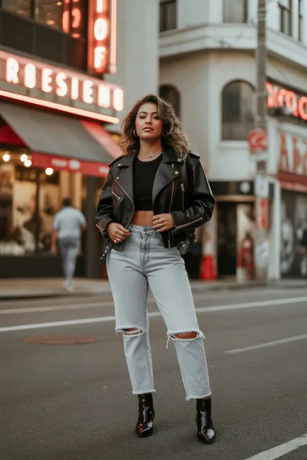 Black Leather Moto Jacket with Light Wash Distressed Jeans and Patent Boots