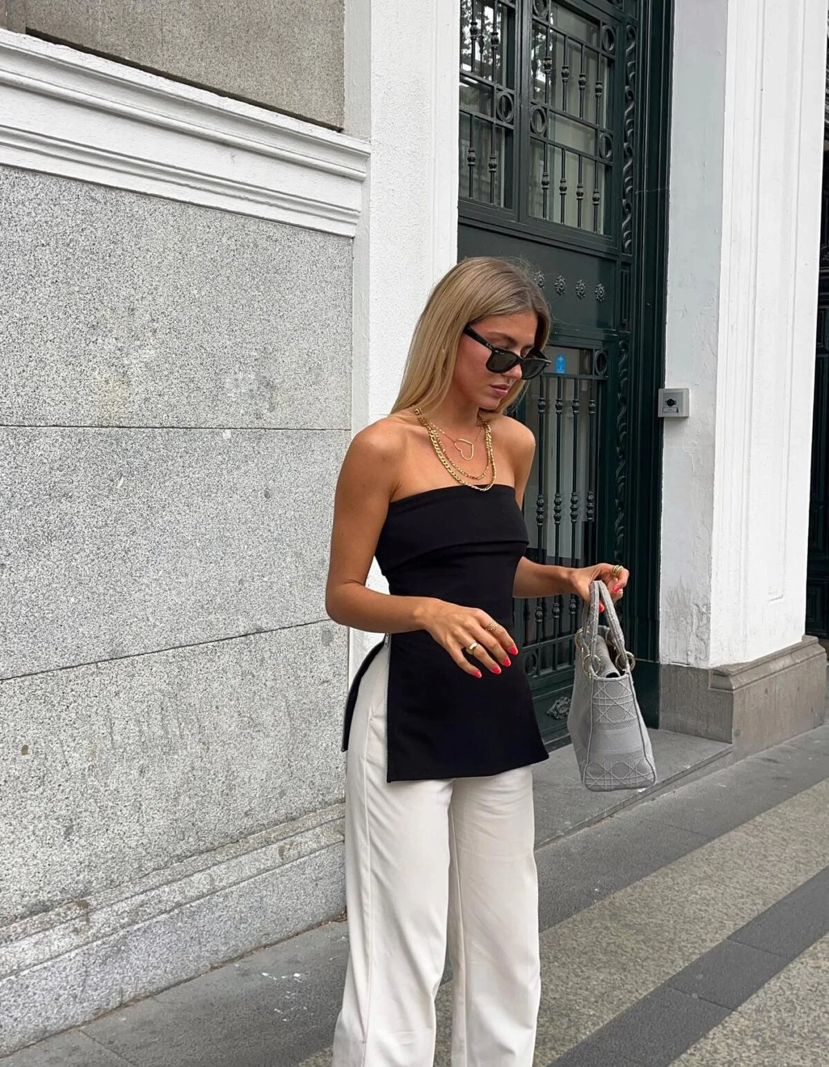 Black Strapless Top Outfit with Wide-Leg Cream Trousers