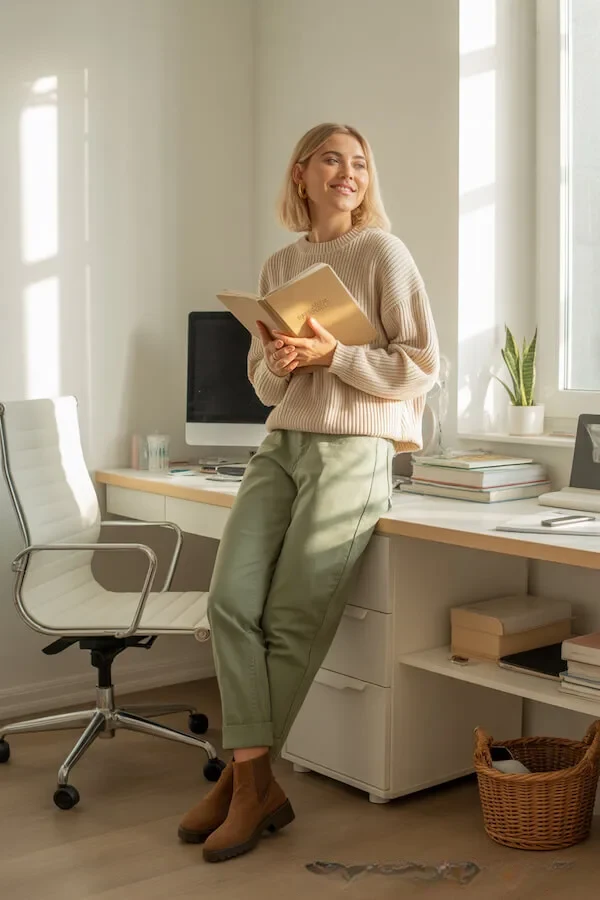 Cream Ribbed Knit Sweater with Sage Wide-Leg Trousers and Brown Ankle Boots