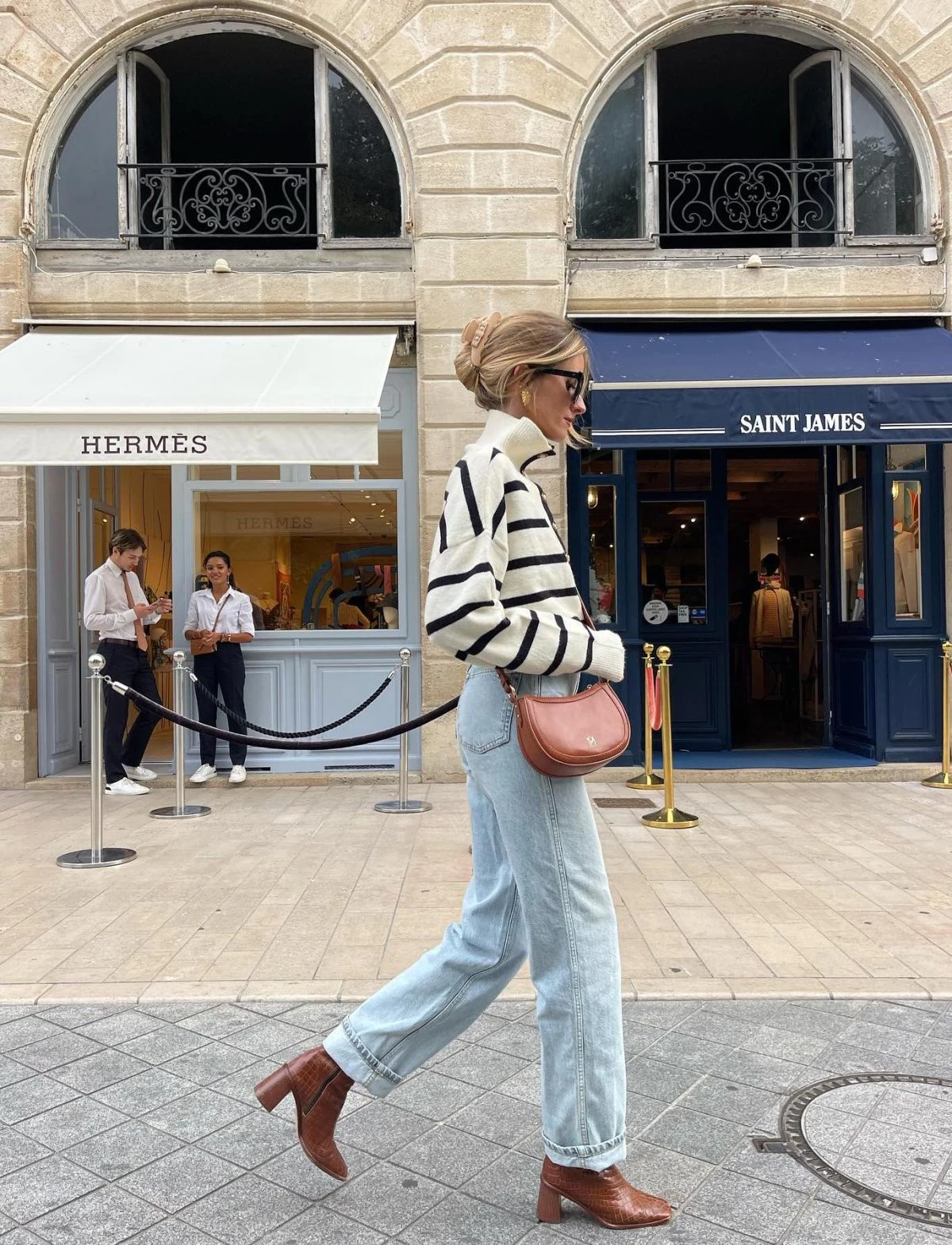 Striped Knit Sweater Light Wash Jeans Brown Boots Outfit