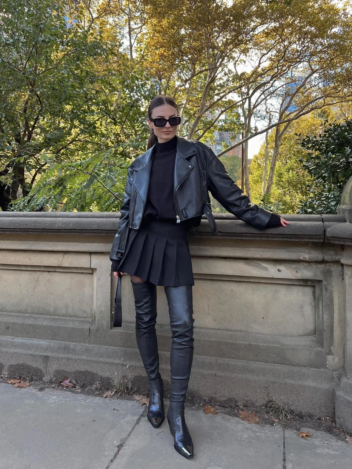 Black Leather Jacket Pleated Skirt Over-the-Knee Boots Outfit