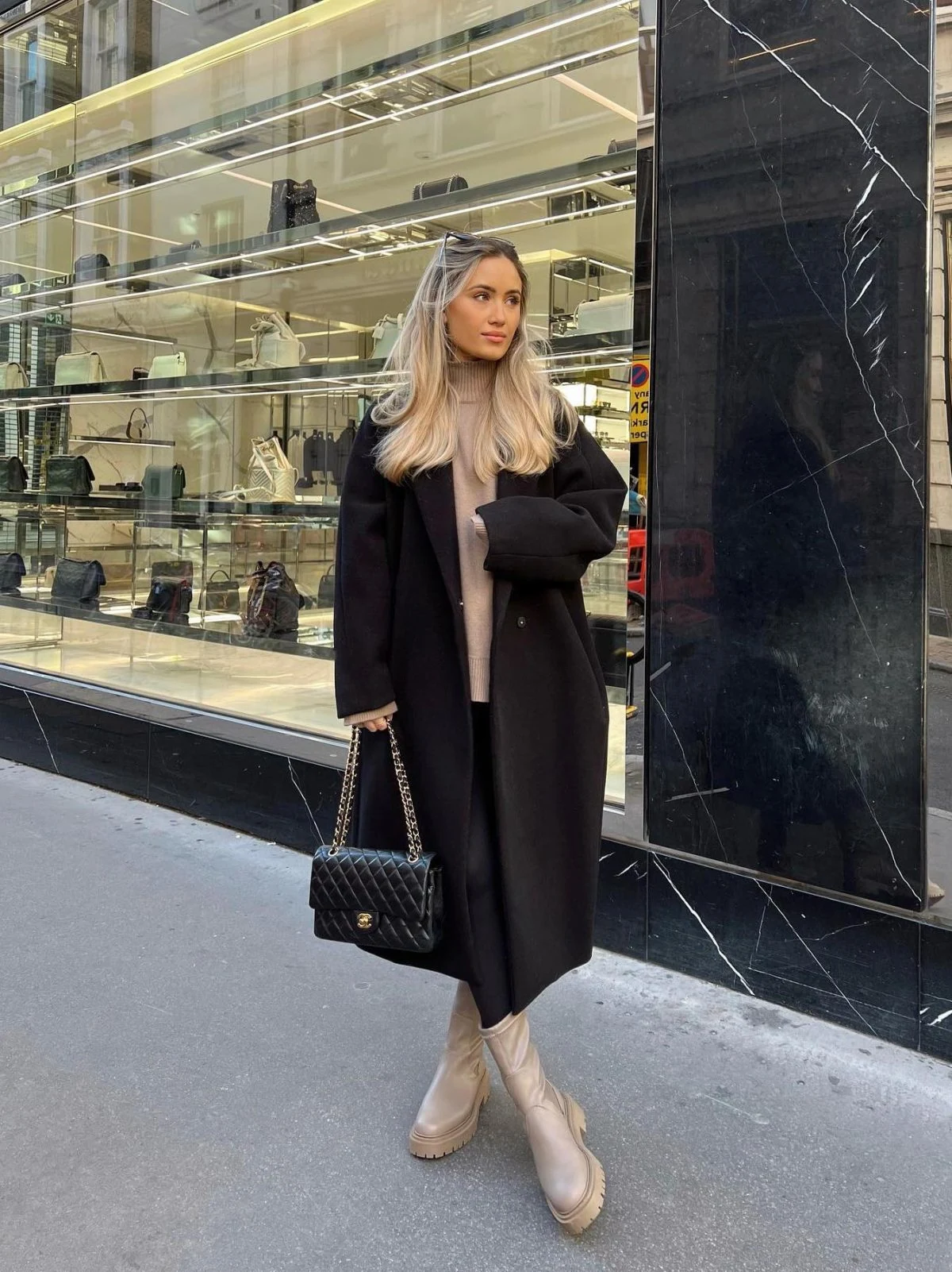 Black Wool Coat Outfit with Beige Lug Sole Boots