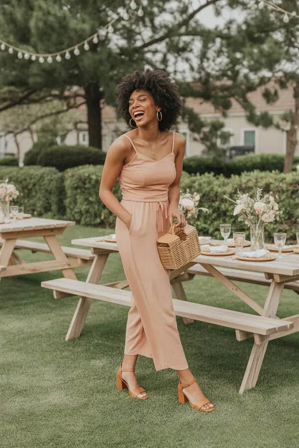 Peach Linen Tie-Waist Jumpsuit with Woven Basket Bag