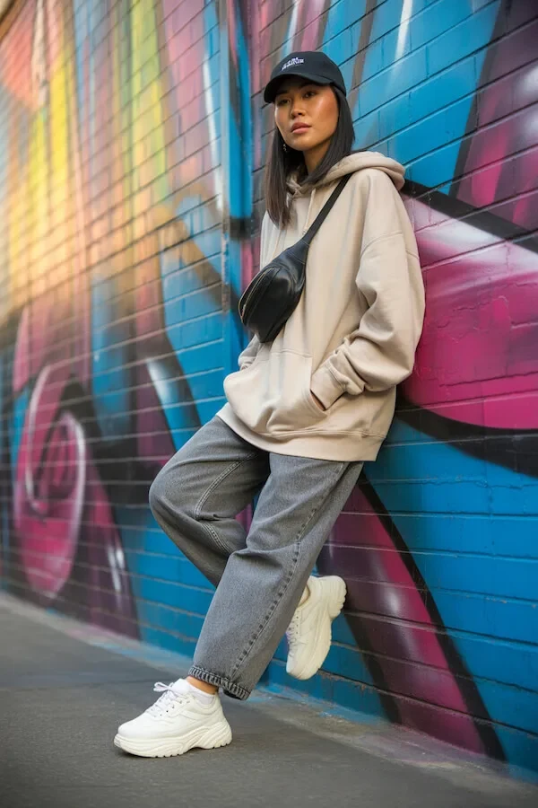 Beige Oversized Hoodie with Grey Jeans and Chunky White Sneakers