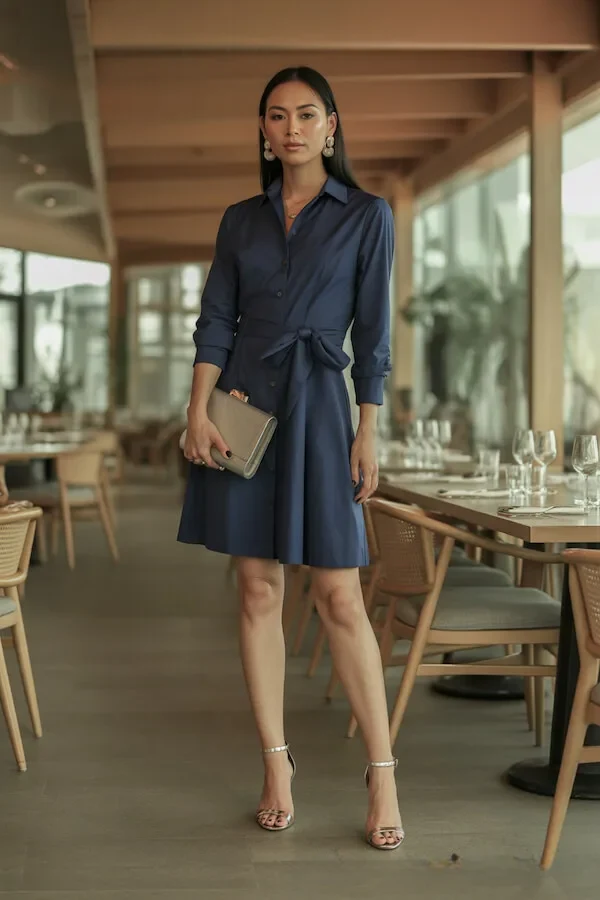 Navy Shirt Dress with Tie Waist and Gold Accessories