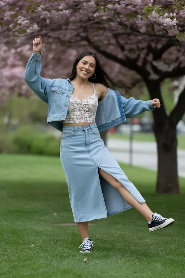 Light Wash Denim Midi Skirt with Floral Corset Top and Denim Jacket