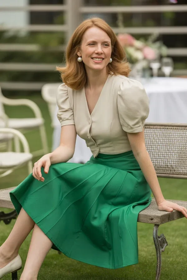 Cream Puff Sleeve Blouse Green A-Line Skirt Garden Party Outfit