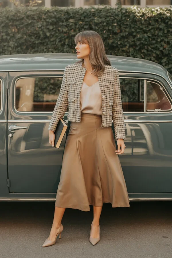 Tweed Check Blazer with Camel Midi Skirt and Pointed Heels