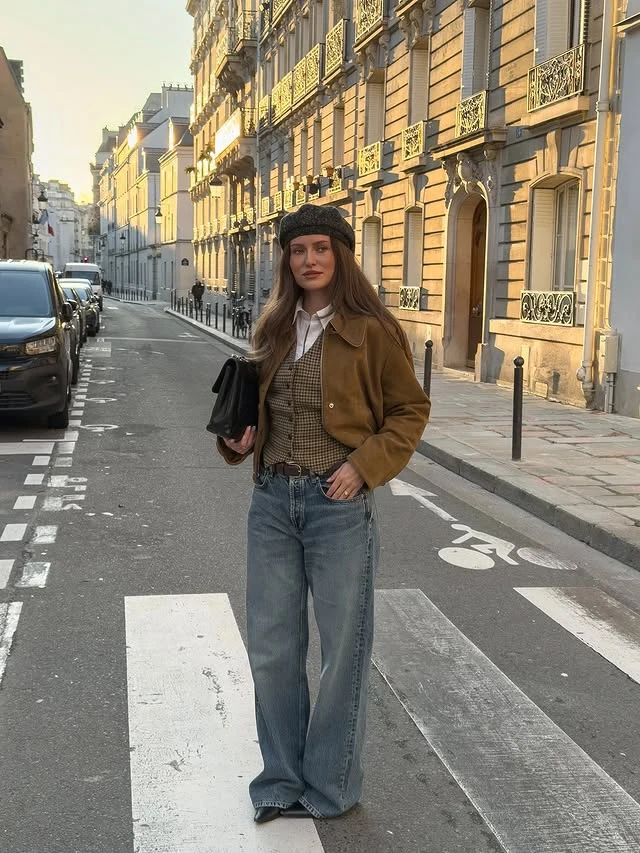 Camel Jacket Houndstooth Vest Wide-Leg Jeans Outfit