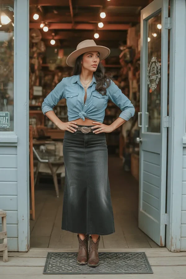 Chambray Shirt Black Denim Maxi Skirt Western Boots Outfit