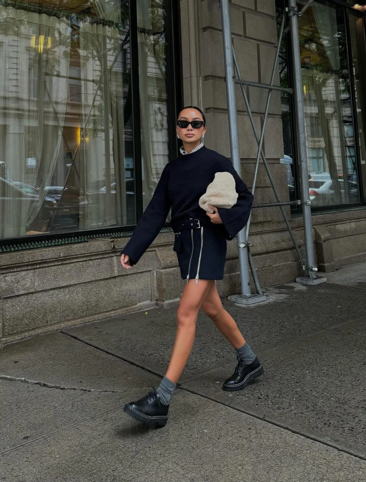 Black Sweater Mini Skirt Outfit with Platform Loafers
