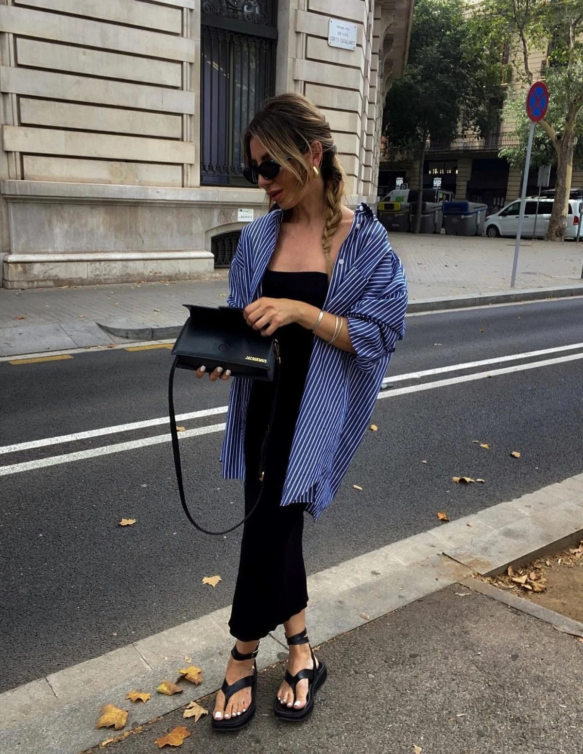 Blue Striped Shirt Black Jumpsuit Outfit