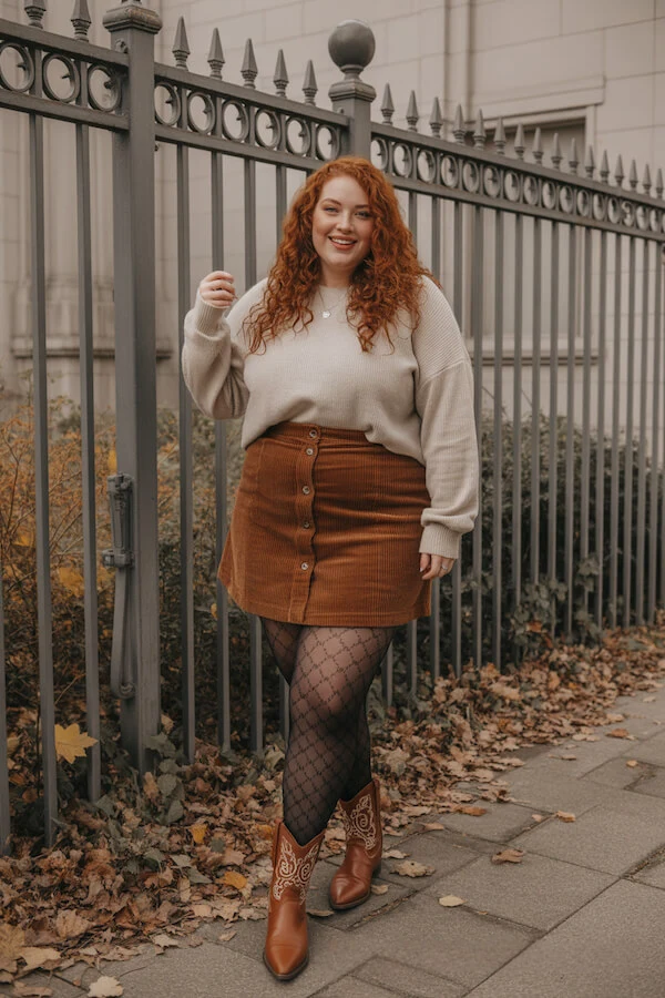 Cream Sweater Corduroy Mini Skirt Fall Outfit