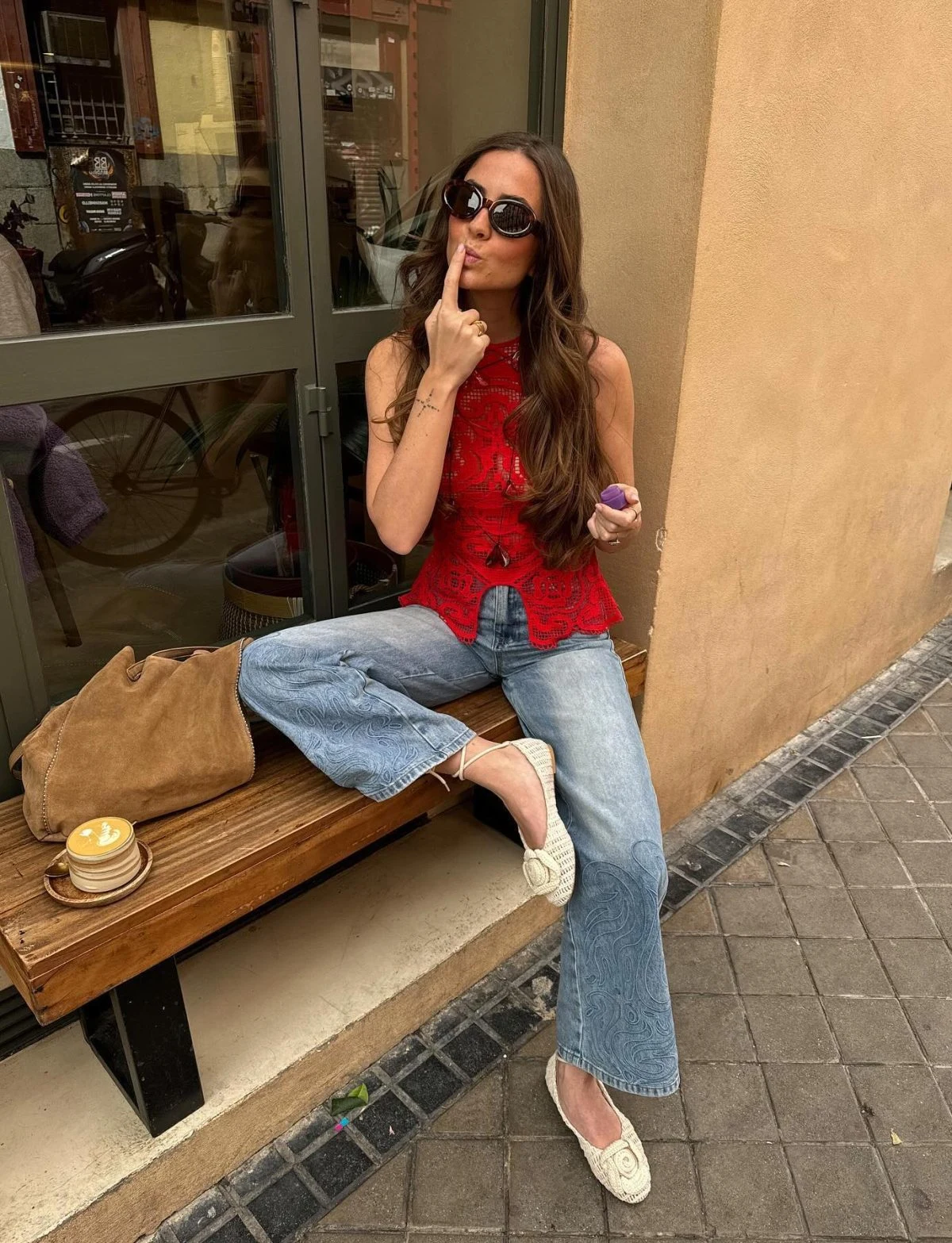Red Lace Top Outfit with Light Wash Flare Jeans