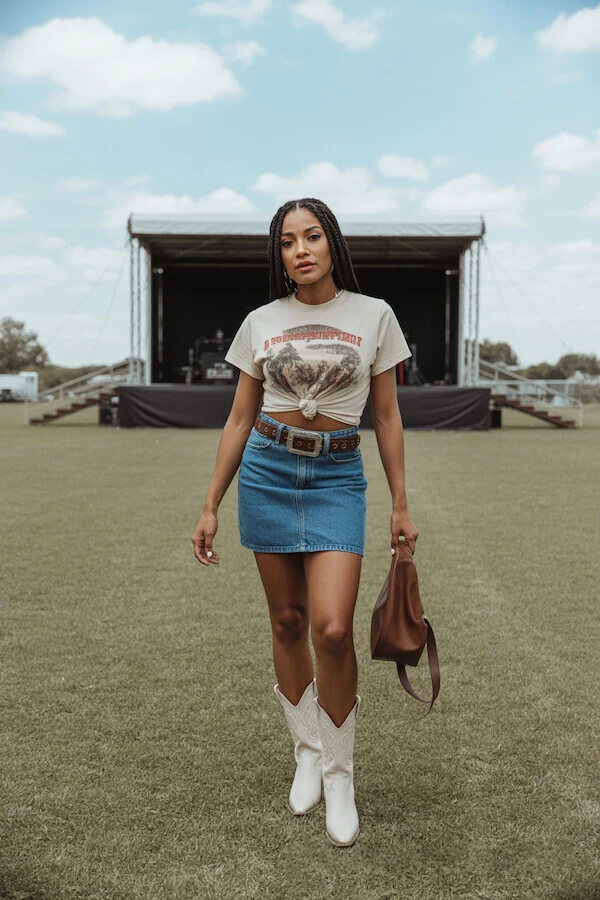 Denim Mini Skirt White Cowboy Boots Concert Outfit