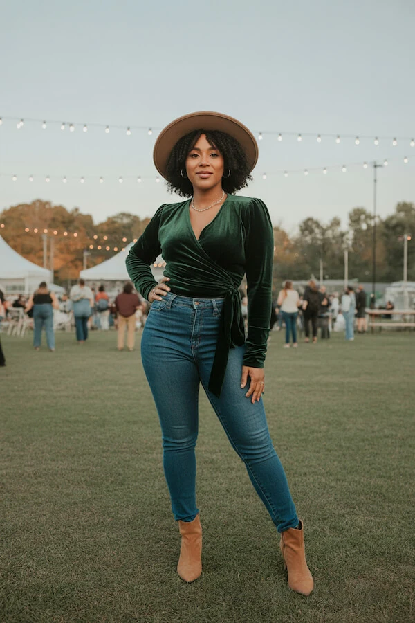 Green Velvet Wrap Top Outfit with High-Waisted Jeans