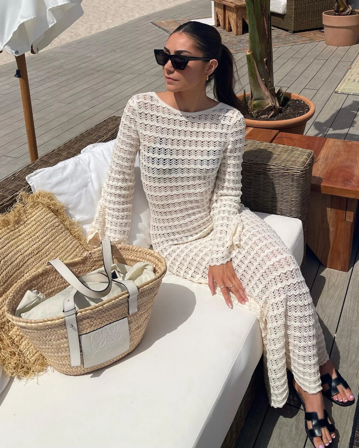 White Crochet Knit Co-Ord Set with Black Sandals