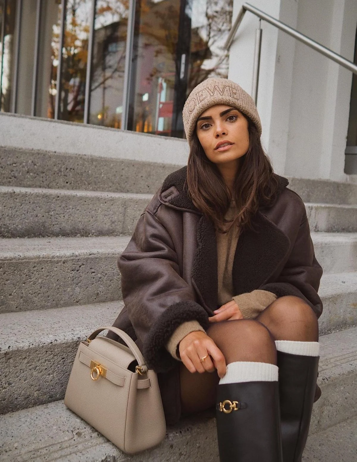 Brown Shearling Jacket Outfit with Knee High Boots
