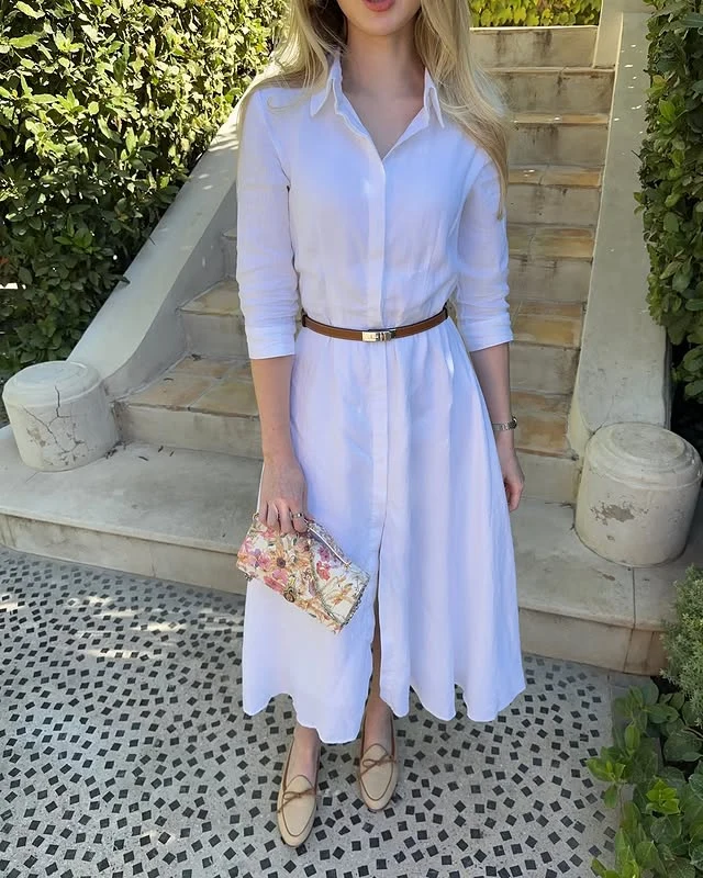 White Linen Shirt Dress with Brown Belt Loafers