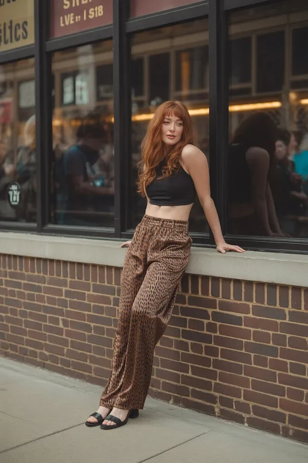 Leopard Print Satin Wide-Leg Trousers with Black Crop Top