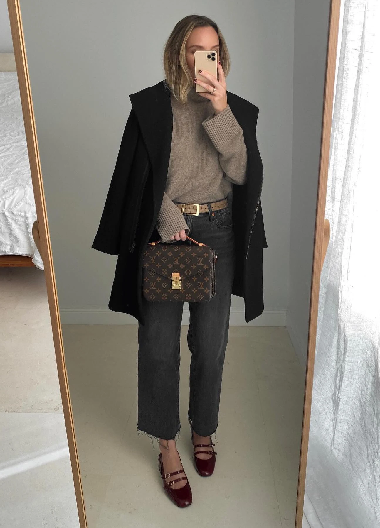 Black Blazer Taupe Sweater Dark Denim Outfit