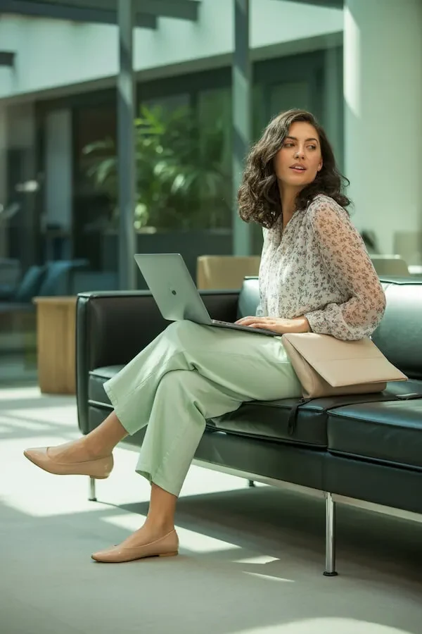 Sage Green Wide-Leg Trousers with Floral Sheer Blouse